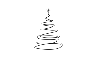 Modern Minimalist Happy Holidays continuous line handwritten calligraphy, isolated on a white background, black with a Christmas tree for a card or email signature for the holiday season.
