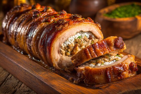 Lechona on rustic wooden table, glistening stuffed chicken breast cut in half, revealing pork rice peas. Concept of delicious Colombian cuisine and inviting warm atmosphere.