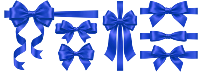 A set of shiny blue satin bows and ribbons for decoration, perfect for baby showers, birthdays, and professional presentation headers