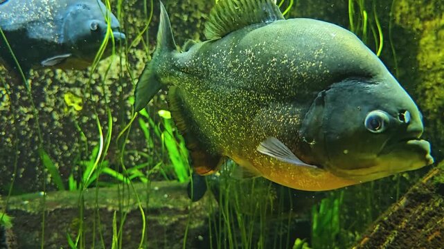 Close up of piranha or pira&ntilde;a fish, swimming around water plants underwater