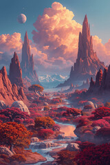 Serene Fantasy Valley with Towering Spires and Red Foliage