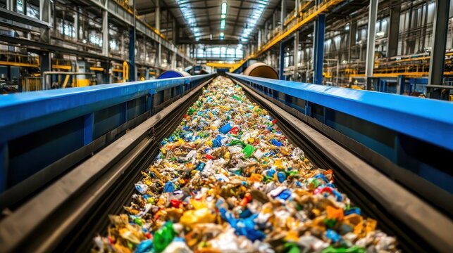 Vast conveyor belt system filled with multicolored waste materials undergoing sorting in a large industrial recycling processing facility