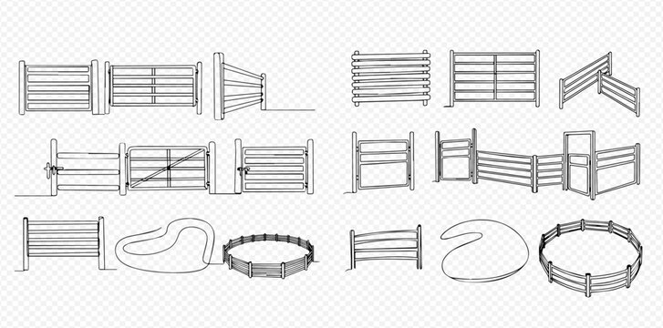 Set of hand-drawn sketches depicting various cattle pens and corrals for farm animals.
