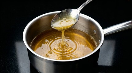 Golden Syrup Dripping from Spoon into Saucepan on Black Background.