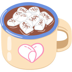 hot cocoa and heart marshmallow in enamel cup for wintertime of couple flat doodle hand-drawn
