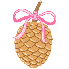 glossy pine cone or conifer cone with cute bow for winter christmas flat doodle hand-drawn