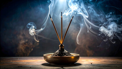 Incense sticks burning in a bronze holder surrounded by smoke on a wooden surface
