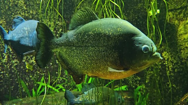 Close up of piranha or pira&ntilde;a fish, swimming around water plants underwater
