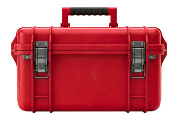 Red protective plastic equipment case with black latches on a transparent background