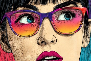 Bright colors highlight a woman with vibrant sunglasses and striking makeup looking towards the side in an artistic style