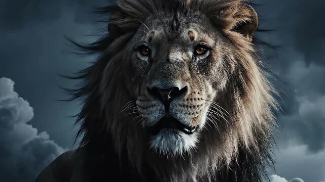 Close Up Portrait of Majestic Lion Against Ominous Stormy Sky with Flashes of Lightning and Dramatic Lighting Focused on Face And Amber Eyes