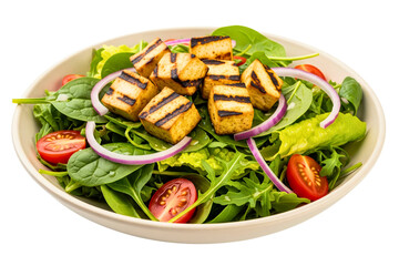 Bowl of fresh salad with grilled tofu and cherry tomatoes on a transparent background