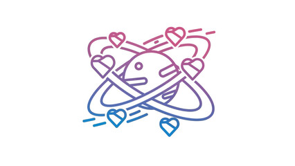 Whimsical Artistic Illustration of a Planet Surrounded by Floating Hearts and Dynamic Motion Lines