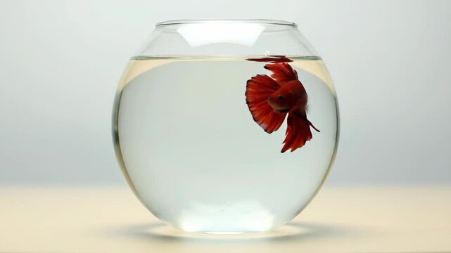 Vibrant red betta fish swimming gracefully in a round glass fishbowl against a clean white background