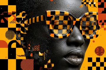 Woman with patterned glasses stands against a colorful background of shapes and textures in an art installation