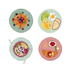Fototapeta premium Top view of assorted breakfast dishes with pancakes and eggs