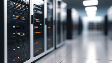 A futuristic datacenter hallway with rows of advanced server racks lit with an array of glowing lights. The scene evokes a sense of cutting-edge technology and secure digital infrastructure.