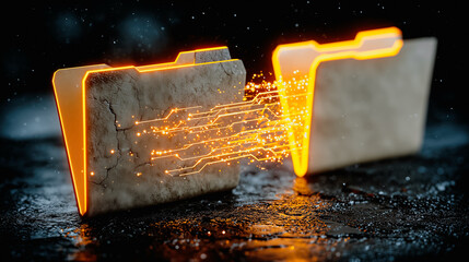 Two stylized folders, digitally connected by a stream of glowing data points, symbolizing the crucial link and data transfer.