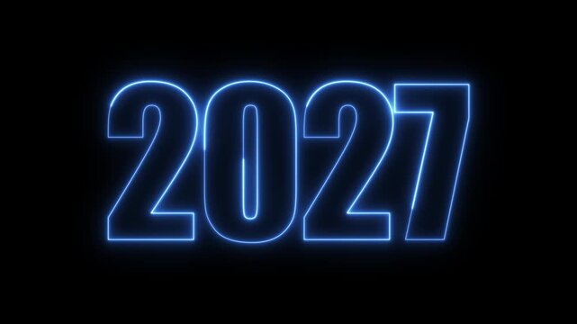 New year 2027 text icon animation glowing neon blue color number anniversary template banner sign signboard holiday code digit rectangle box font letter word on black background