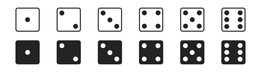 Dice and cube game icons for gambling, featuring numbers, vector design, isolated white and black flat squares, gaming symbols, fun, and leisure, on a transparent background.