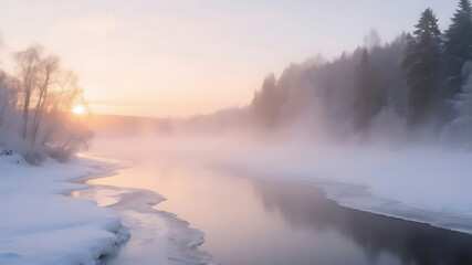 Fototapeta premium Wide Panoramic Winter Sunrise over a Misty Frozen River. Ethereal Morning Landscape with Snow-Covered Banks, Frosty Trees, and Golden Sunlight Reflecting on Water,4k