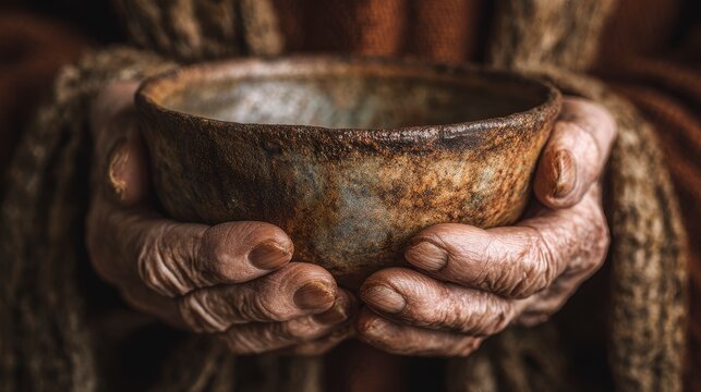 Close-up of weathered hands cradling a rustic ceramic bowl, suggesting generosity or humble service, soft light enhances texture