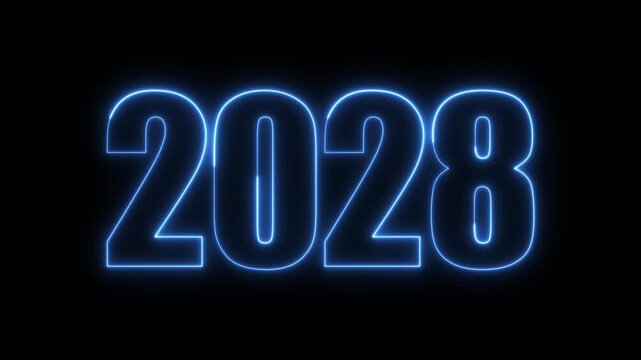 New year 2028 text icon animation glowing neon blue color number anniversary template banner sign signboard holiday code digit rectangle box font letter word on black background
