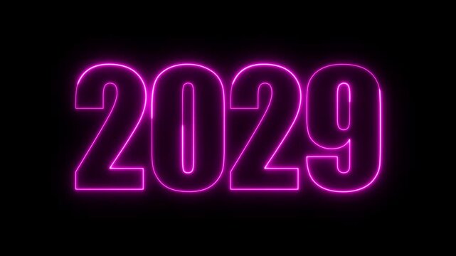 New year 2029 text icon animation glowing neon purple color number anniversary template banner sign signboard holiday code digit rectangle box font letter word on black background