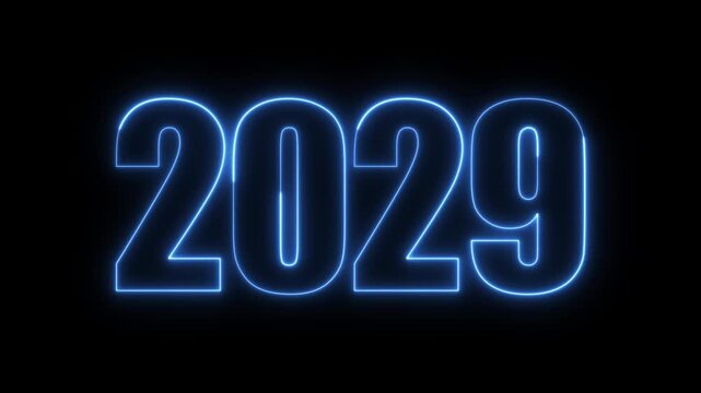 New year 2029 text icon animation glowing neon blue color number anniversary template banner sign signboard holiday code digit rectangle box font letter word on black background