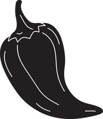 Black and white silhouette of a chili pepper, simple outline graphic icon of a hot pepper vegetable