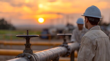 Fototapeta premium Industrial workers in protective gear observe pipelines during a sunset