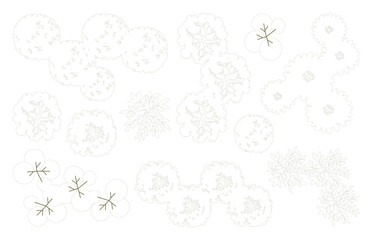 Tree for architectural floor plans. Entourage design. Various trees, bushes, and shrubs, top view for the landscape design plan. Vector illustration.