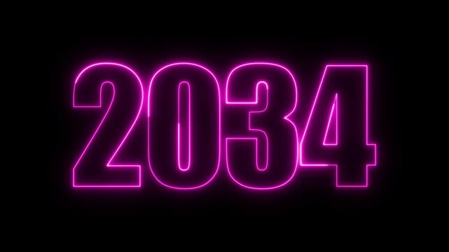 New year 2034 text icon animation glowing neon purple color number anniversary template banner sign signboard holiday code digit rectangle box font letter word on black background