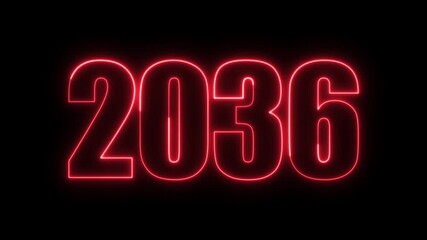 New year 2036 text icon animation glowing neon red color number anniversary template banner sign signboard holiday code digit rectangle box font letter word on black background