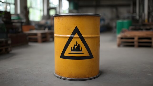 A yellow weathered industrial barrel with a prominent flammable warning symbol stands in a factory setting