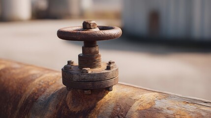 A close up of a rusty industrial pipe valve under bright daylight