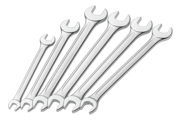 Six-piece open-end wrench set in polished steel for bicycle maintenance.