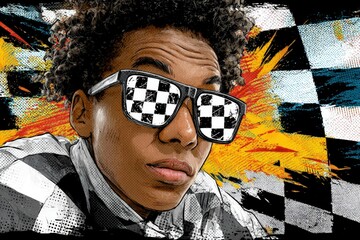 Young person with checkered sunglasses poses in front of colorful background during an artistic event in urban setting