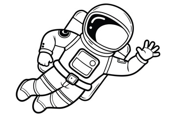 Outlined Cartoon Cosmonaut Full Suit Standing Upright on Plain Background Design