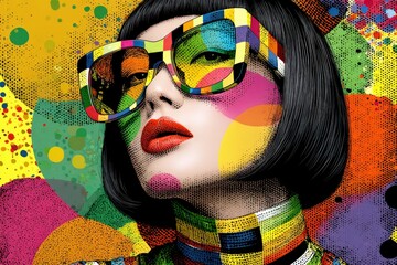 Bright colors fill the space as a person wears large glasses and bold makeup at an art-inspired event in an urban setting during the day