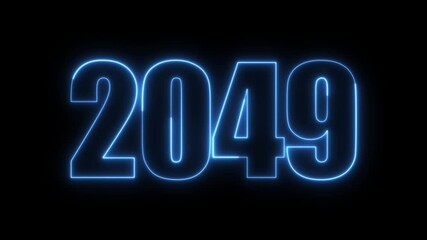 New year 2049 text icon animation glowing neon blue color number anniversary template banner sign signboard holiday code digit rectangle box font letter word on black background
