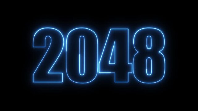 New year 2048 text icon animation glowing neon blue color number anniversary template banner sign signboard holiday code digit rectangle box font letter word on black background