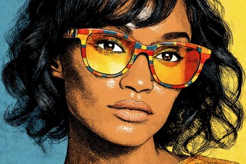 Woman with colorful sunglasses posing against a blue and yellow background