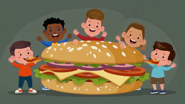 Kids Sharing Giant Burger Food Fun Cartoon Style.