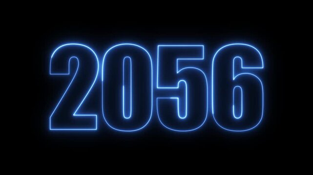 New year 2056 text icon animation glowing neon blue color number anniversary template banner sign signboard holiday code digit rectangle box font letter word on black background