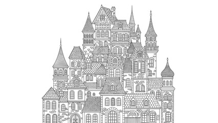 Fototapeta premium Intricate black and white line art of a fantastical European-style old town or castle with many windows, towers, and detailed roofs.