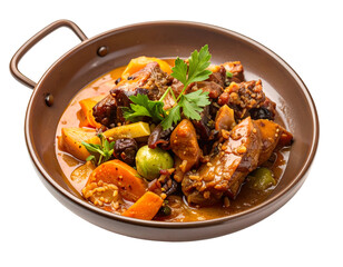 Fototapeta premium A hearty stew with tender meat, vegetables, and fresh herbs served in a rustic pan for a comforting meal