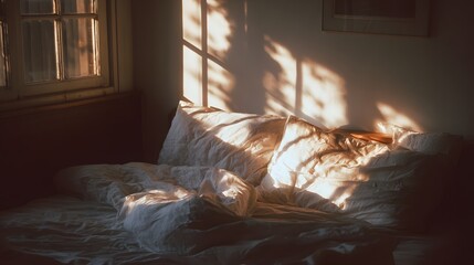 Sunlight streams through an old window casting dramatic shadows across a rumpled bed.