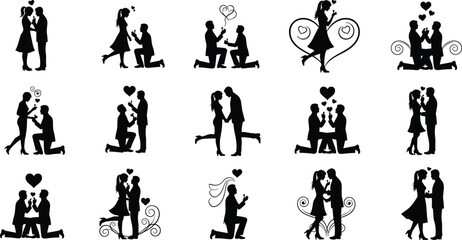 Romantic couple silhouettes showing love, proposal, engagement, and affection moments with hearts, perfect for wedding, Valentine, and relationship concepts