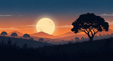 Serene sunset over rolling hills with silhouette of a lone tree